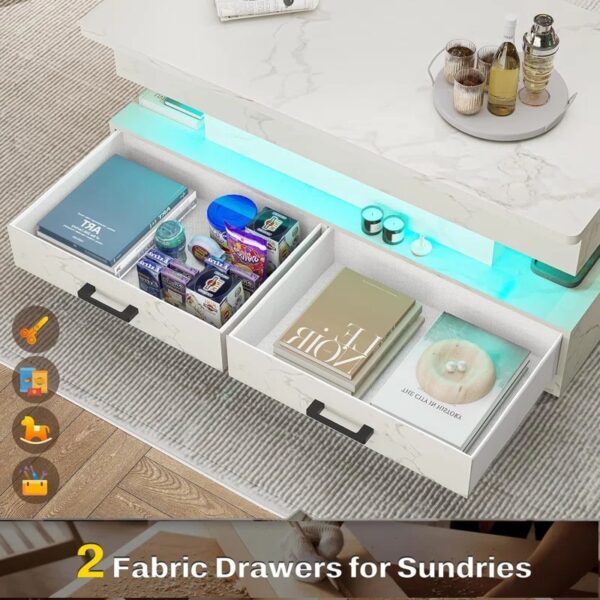 White Marble Lift-Top Coffee Table with LED Lights & Storage - Image 3